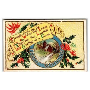 Vintage Embossed Christmas Postcard with Cozy Winter Cottage Scene